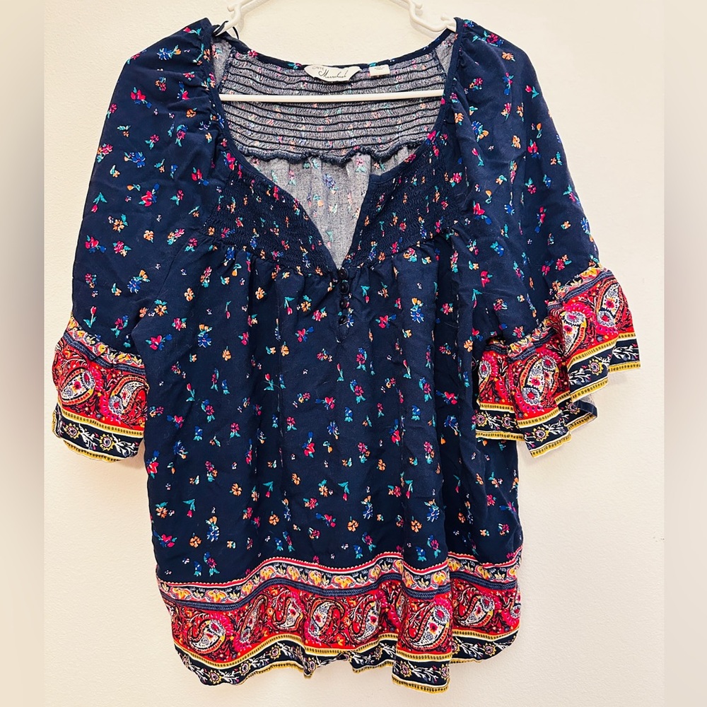 caffe marrakesh blue boho floral print top size XL